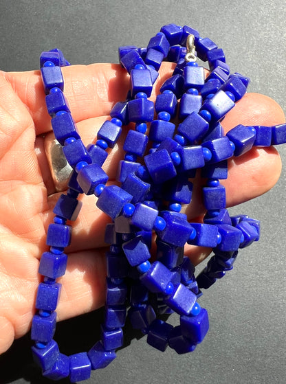 Very Long - 120cm - Unusual Intense Blue Square Glass Bead Vintage Necklace.