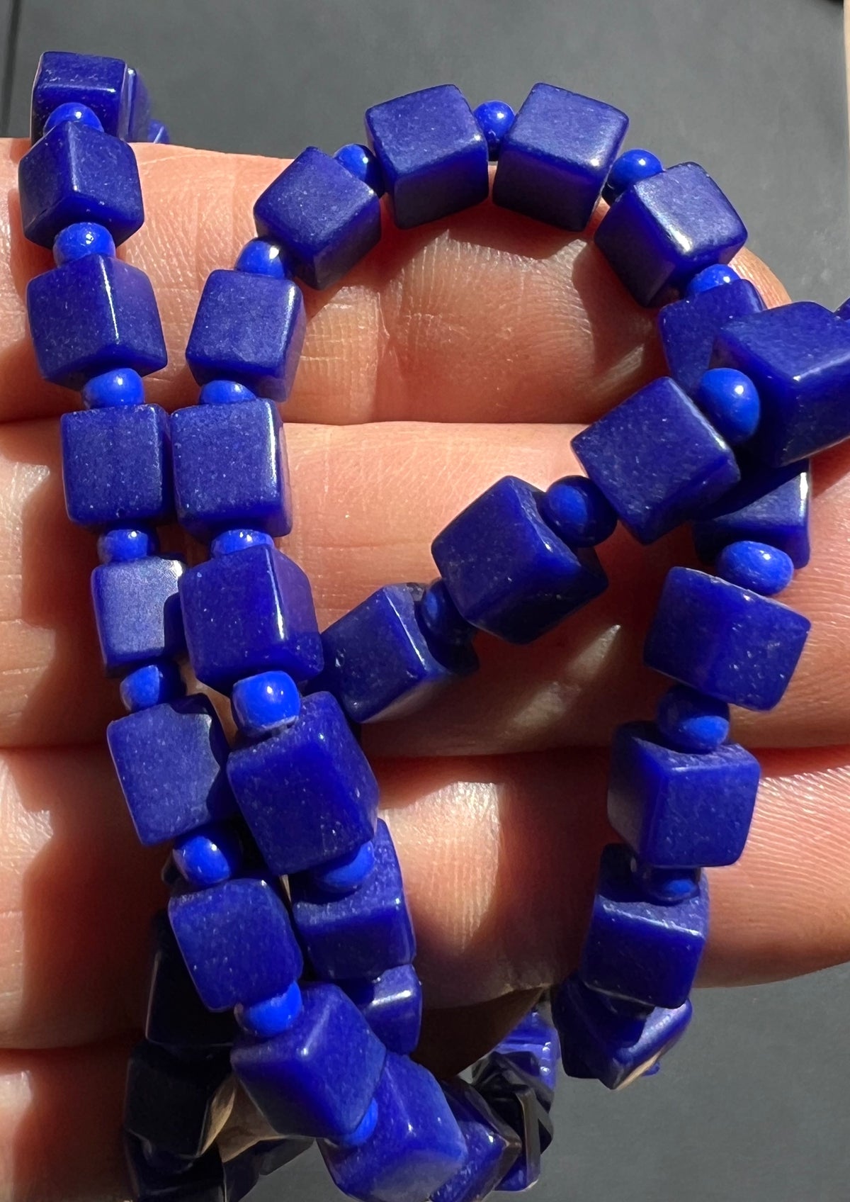 Very Long - 120cm - Unusual Intense Blue Square Glass Bead Vintage Necklace.