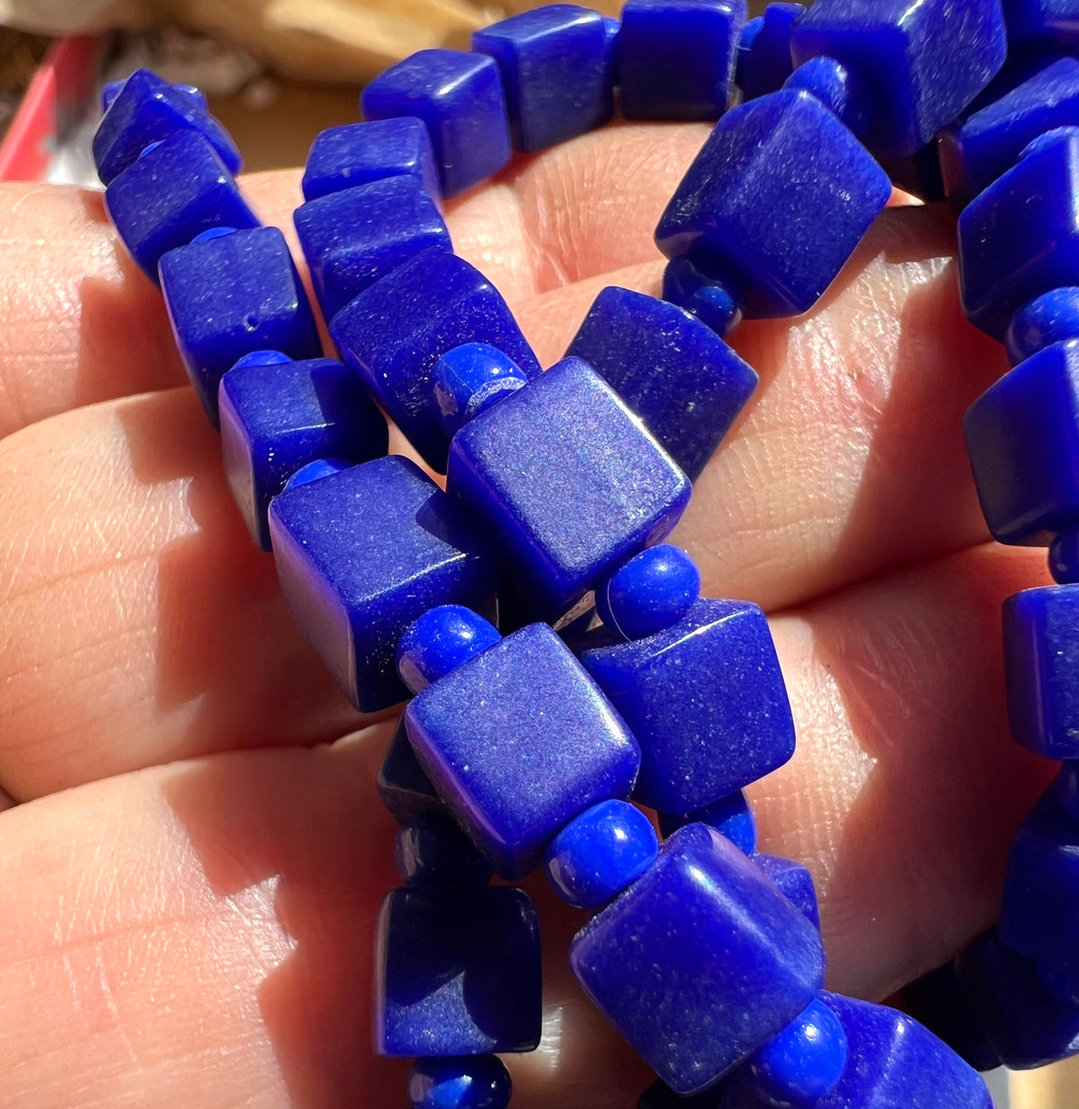 Very Long - 120cm - Unusual Intense Blue Square Glass Bead Vintage Necklace.