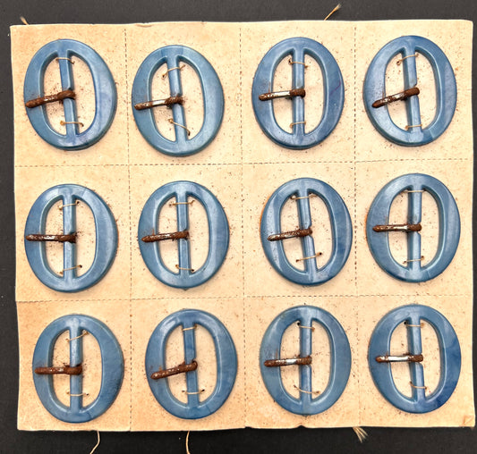 Sheet of 12 vintage 4cm tall Mid Century Petrol Blue Buckles