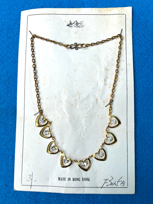 Sweet 1940s Gold Tone Heart and Crystal Necklace.