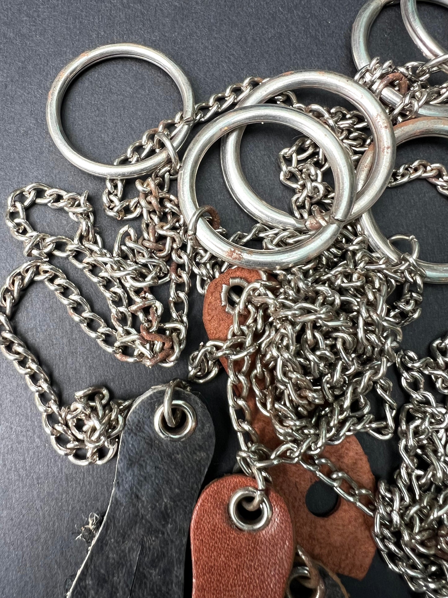 10 Vintage Key Chains with Leather Ends (some rust)