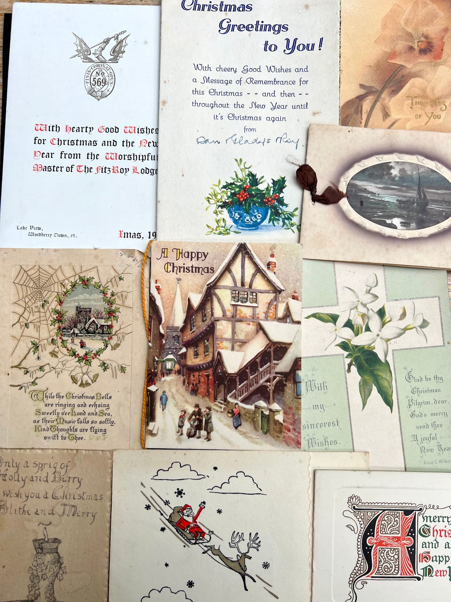 10 Early 20th C Christmas Cards incl. Masonic