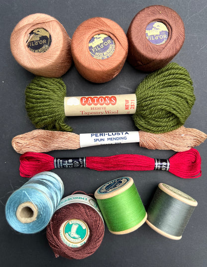 10 Spools/ Skeins of Vintage Darning/Sewing/Embroidery Threads incl. Greens and Red
