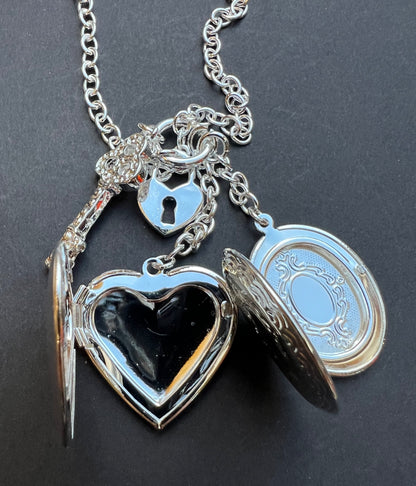 Two Lockets, Key and Padlock Silver Necklace