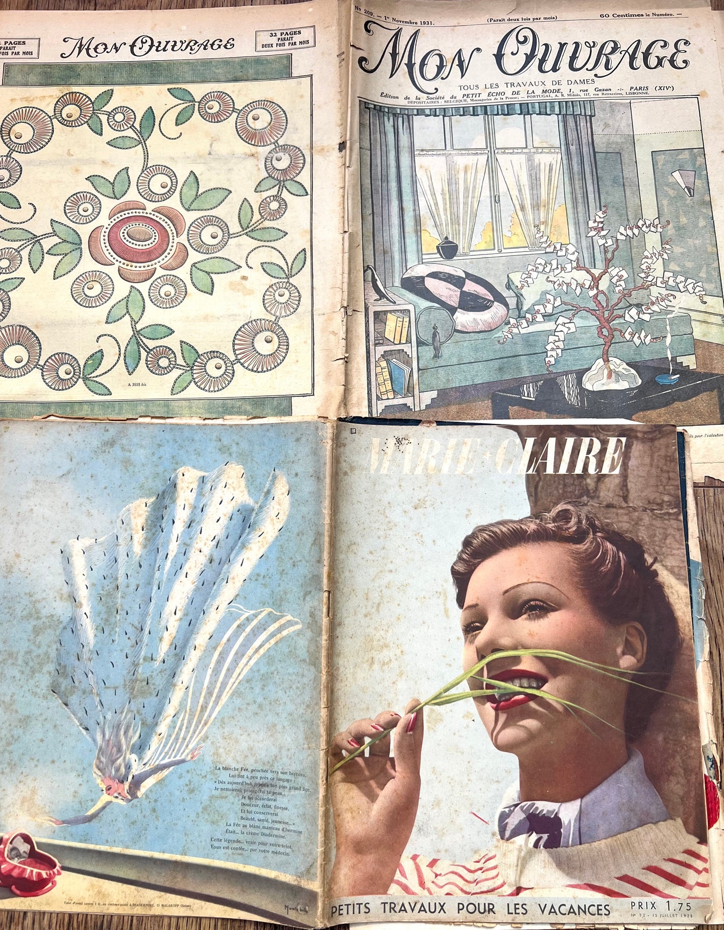 2 Damaged 1930s French Women's Magazines Marie Claire & Mon Ouvrage