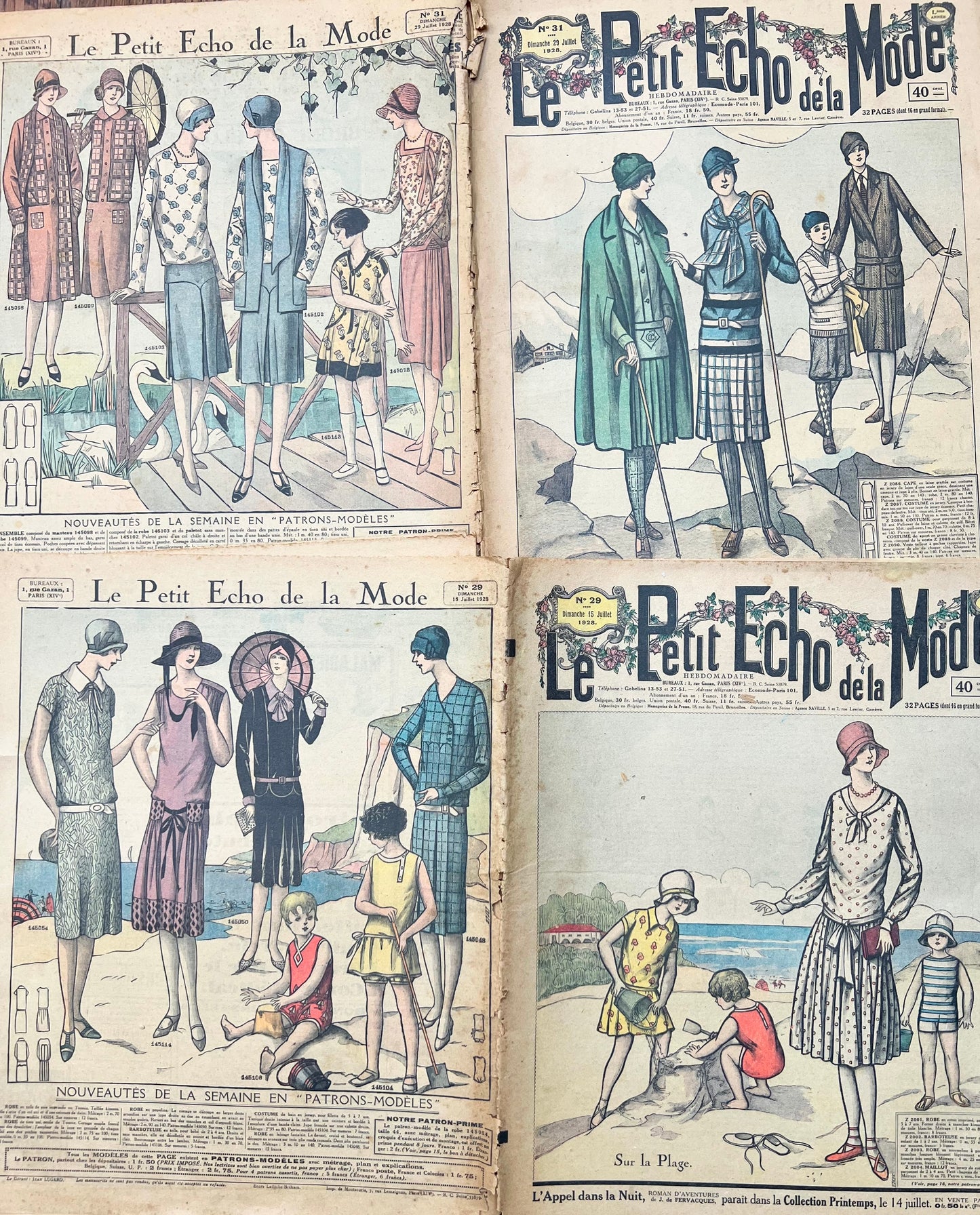 2 French July 1928 Le Petit Echo de la Mode Magazines - Damaged Spines