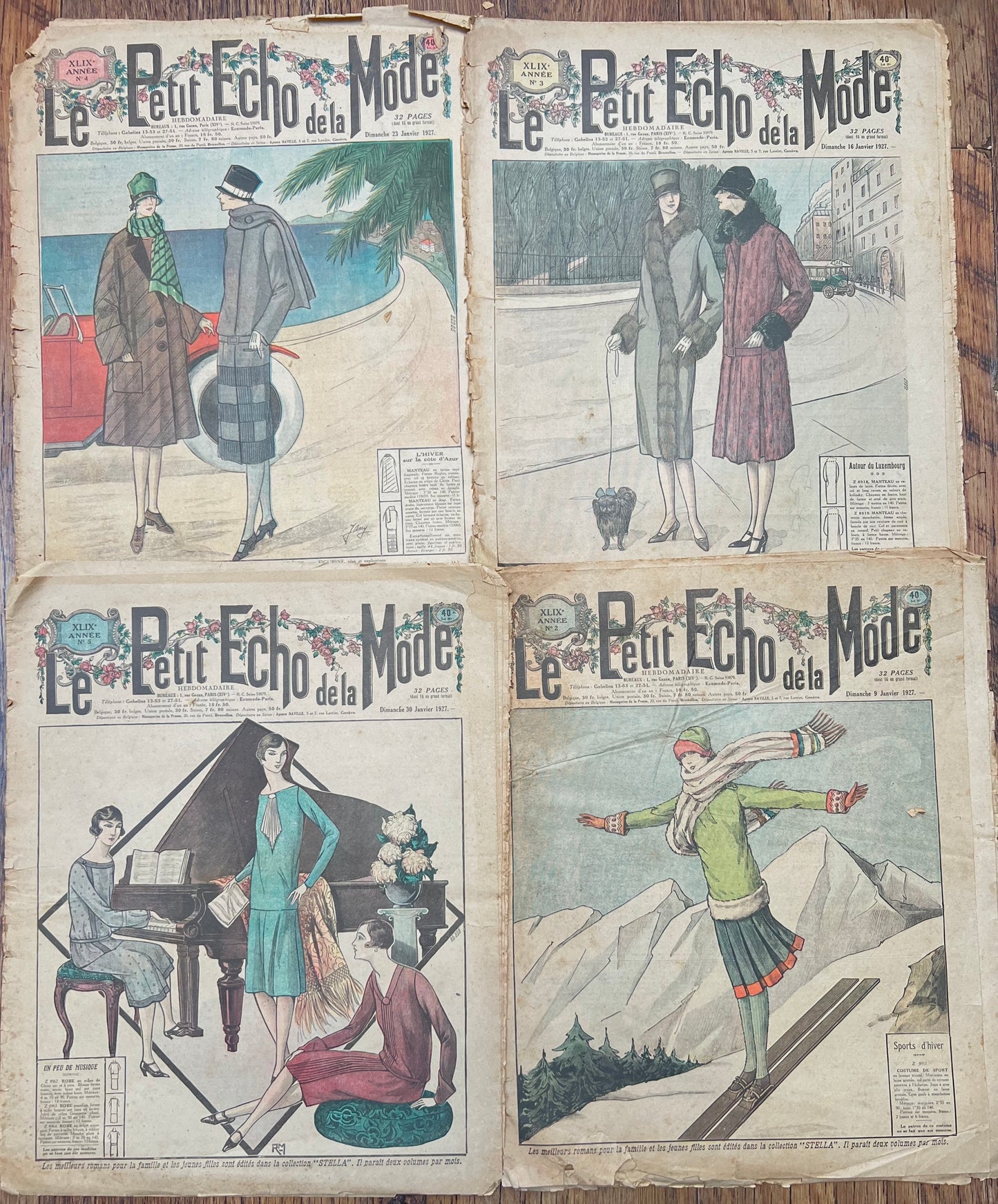 4 French Le Petit Echo de la Mode Magazines from January 1927 - Damaged Covers