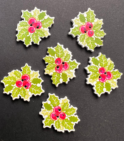 4 Wooden Christmas Holly Buttons