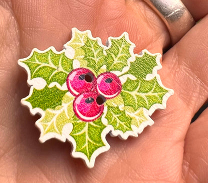 4 Wooden Christmas Holly Buttons