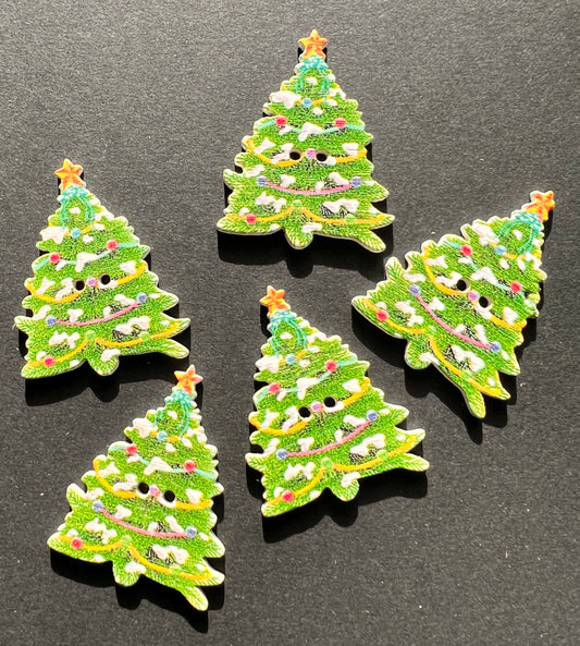 5 Wooden Christmas Tree Buttons