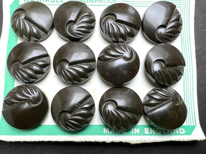 12 Bakelite Dark Brown VERY Deco Buttons - 2.2cm and 1.8cm - Made in England