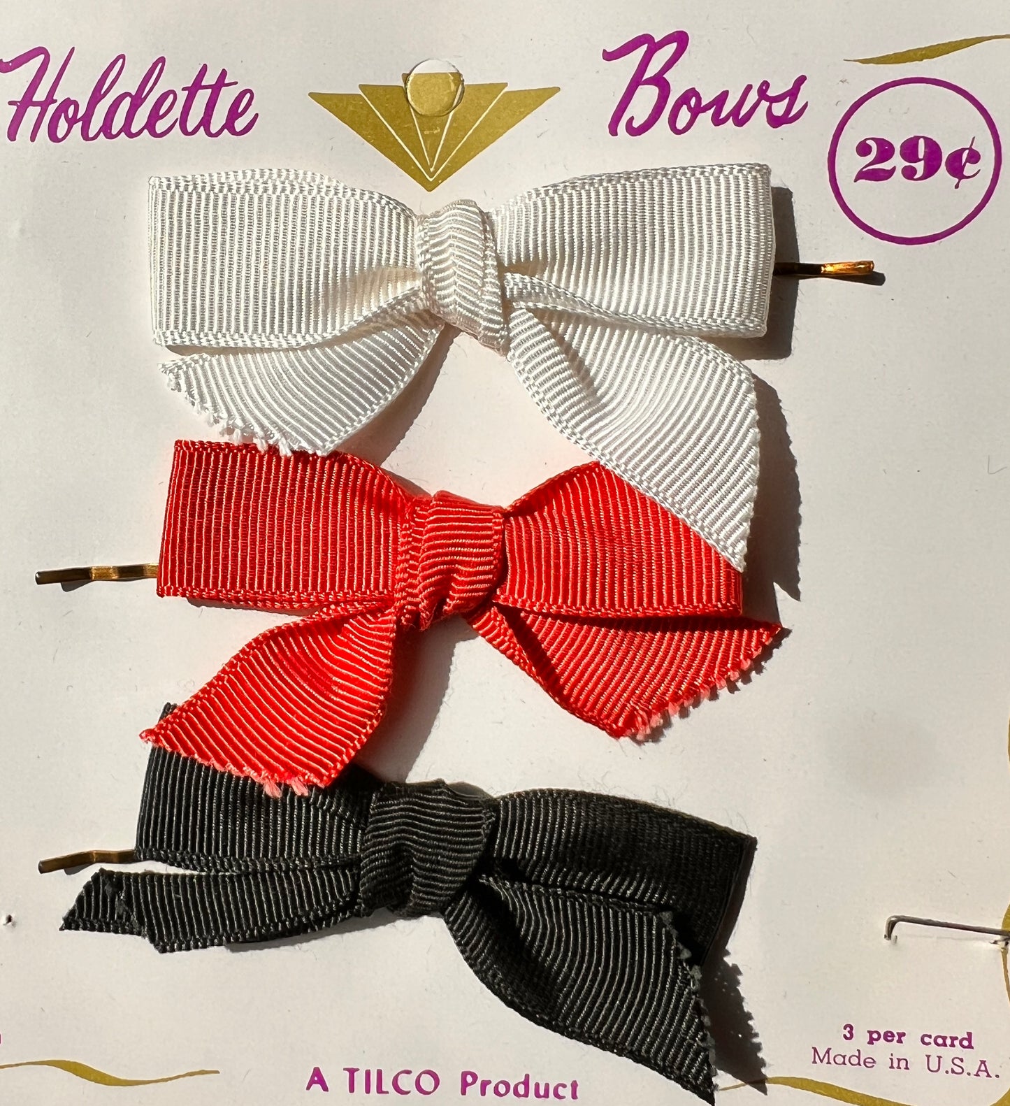 1950s Display Card of 3 Hair Bows.