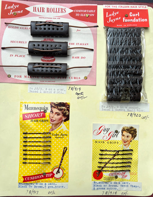 1940s Salesman's Sample Book of Hair Clips, Pins and Rollers (Some Missing)