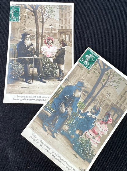 Doing A Deal With The Mistletoe Man on 2 Early 1900s French Christmas Postcards