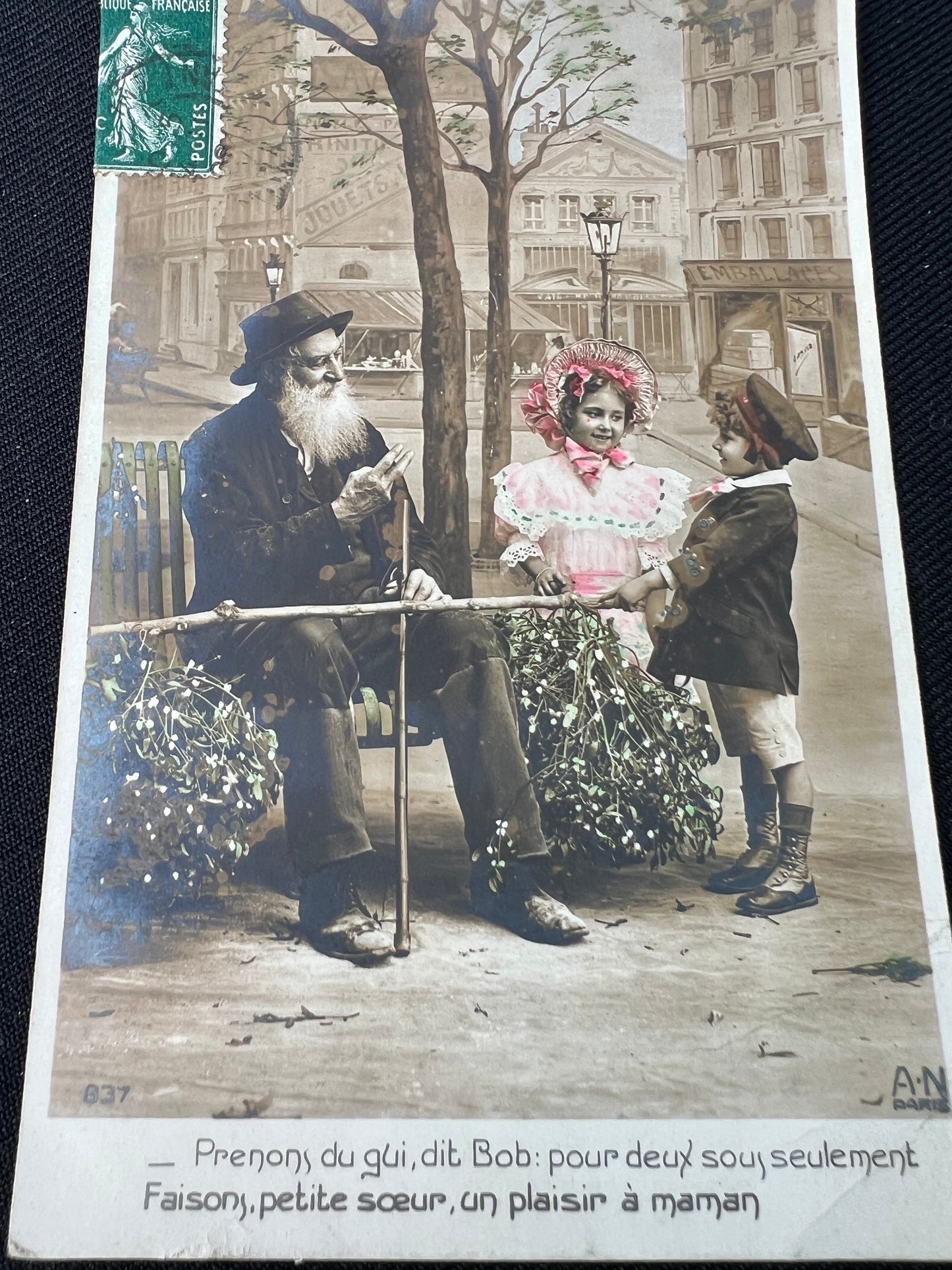 Doing A Deal With The Mistletoe Man on 2 Early 1900s French Christmas Postcards