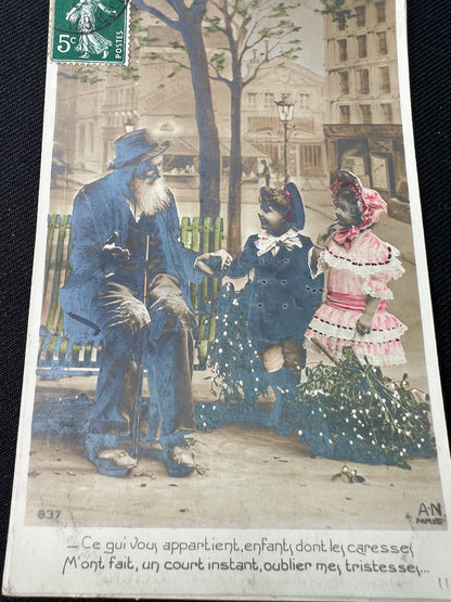 Doing A Deal With The Mistletoe Man on 2 Early 1900s French Christmas Postcards