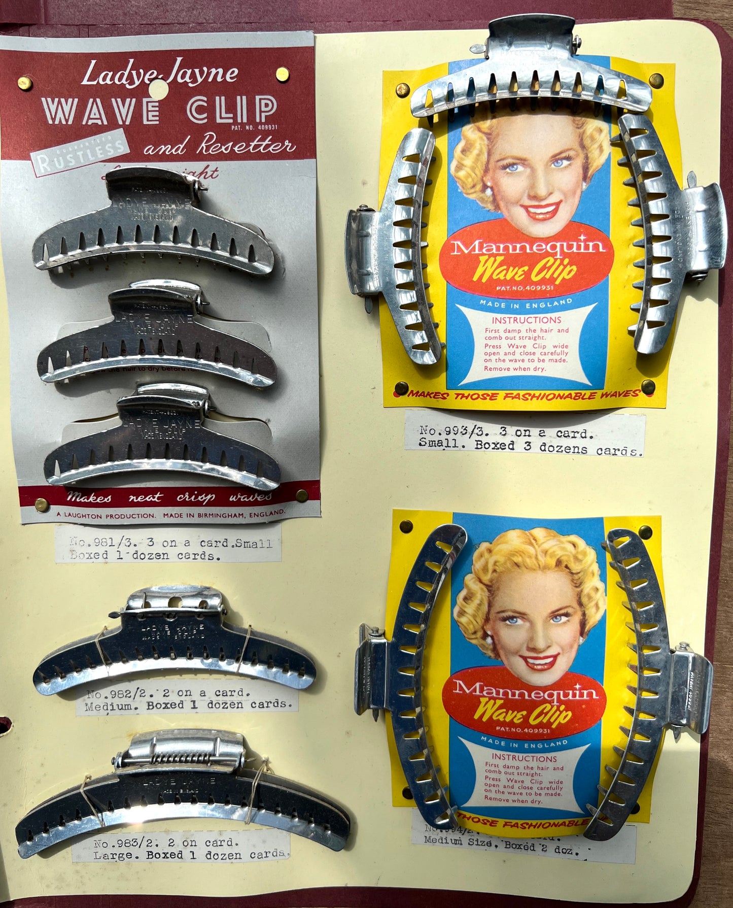 Fantastic 1940s Salesman's File of 10 Hair Clip and Roller Cards incl. Loose Wave Clips