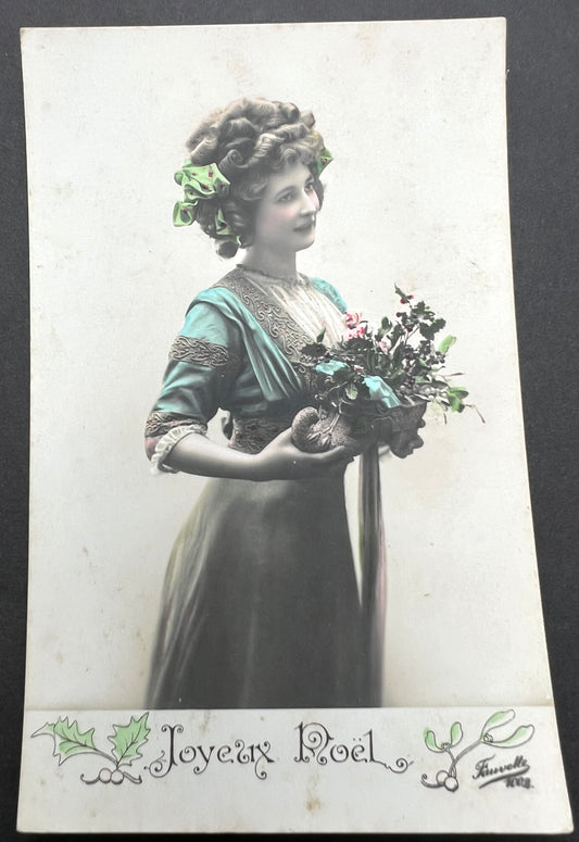 1900s Joyeux Noel Christmas Postcard Happy Young Woman With Her Christmas Clog