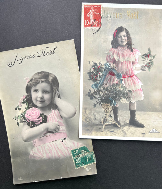 2 Pretty 1900s French Postcard ..Mistletoe & Happy Christmas