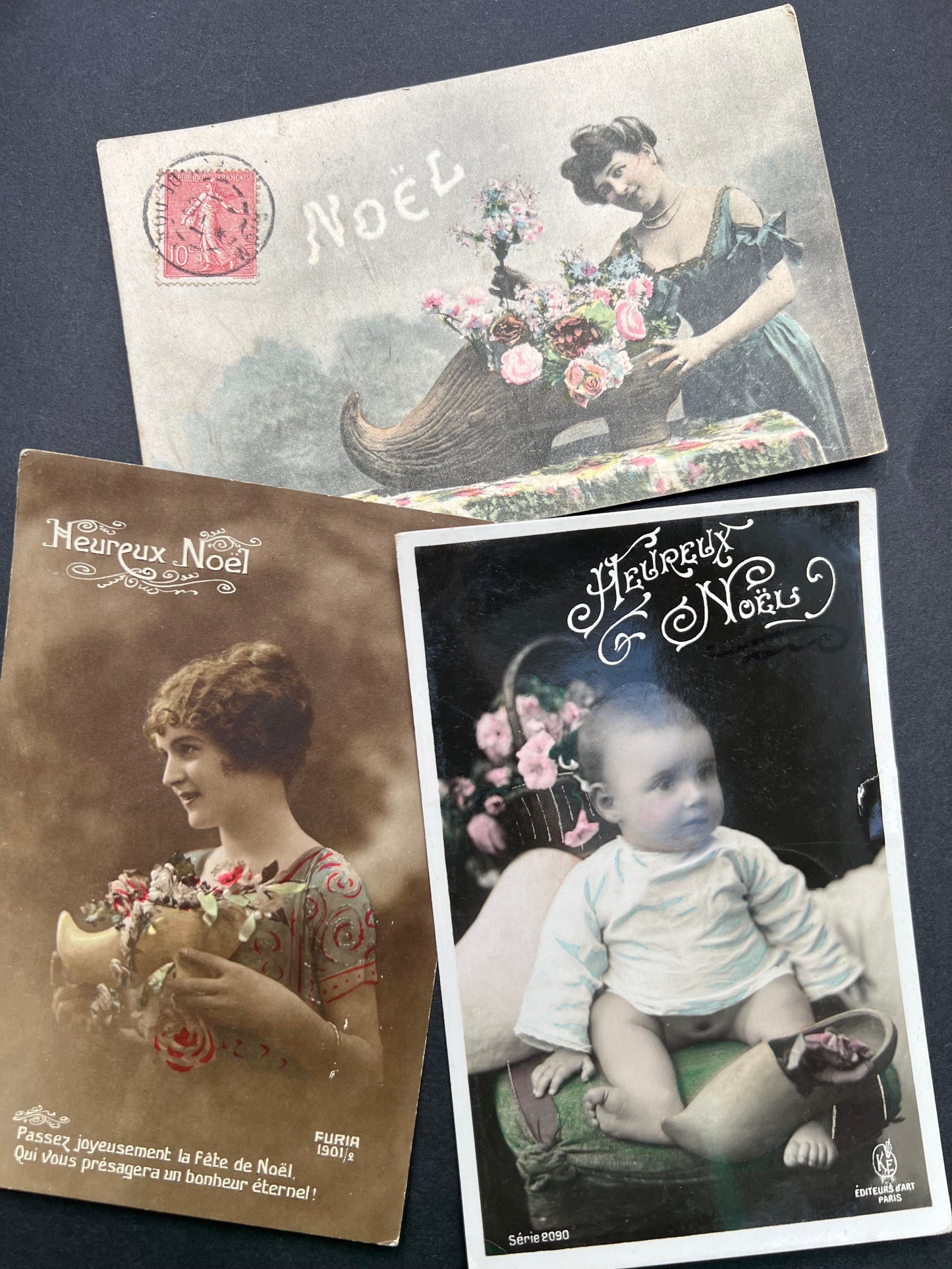 Cuddling The Christmas Clogs - 3 French 1900s Christmas Postcards