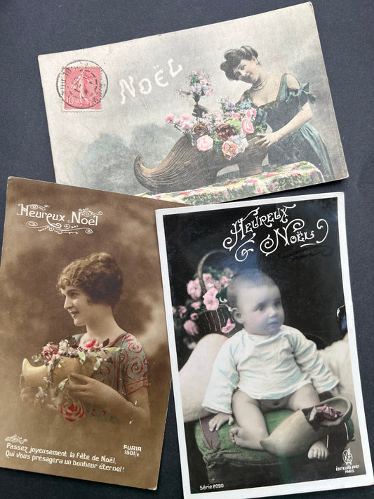 Cuddling The Christmas Clogs - 3 French 1900s Christmas Postcards