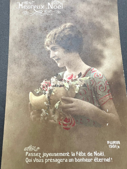 Cuddling The Christmas Clogs - 3 French 1900s Christmas Postcards