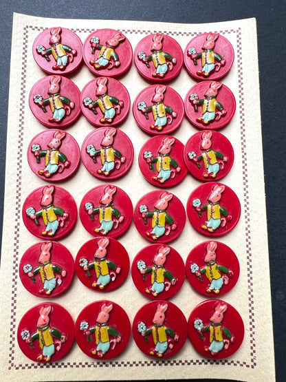 24 Sweet Vintage Dressed Rabbit + Flowers Buttons - Fed, Green, White, Maroon or Brown