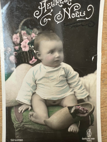 Cuddling The Christmas Clogs - 3 French 1900s Christmas Postcards