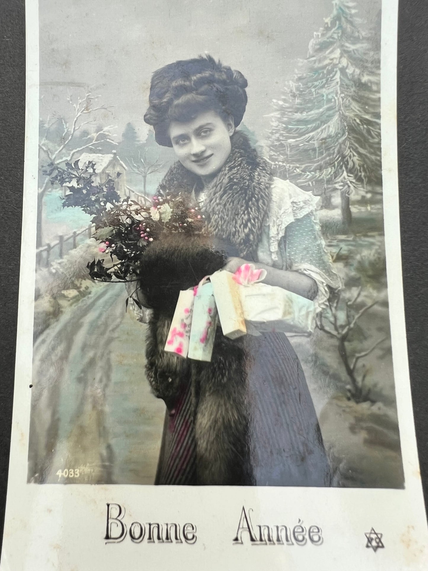 4 Edwardian French Postcards Laden with Christmas Presents..