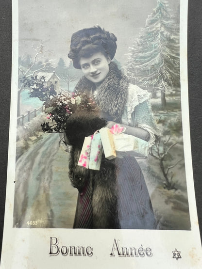 4 Edwardian French Postcards Laden with Christmas Presents..