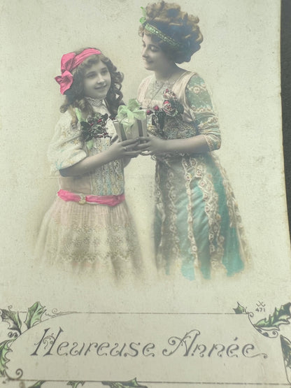 4 Edwardian French Postcards Laden with Christmas Presents..