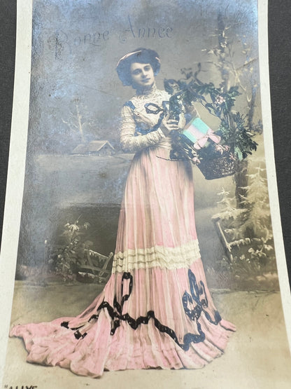 4 Edwardian French Postcards Laden with Christmas Presents..