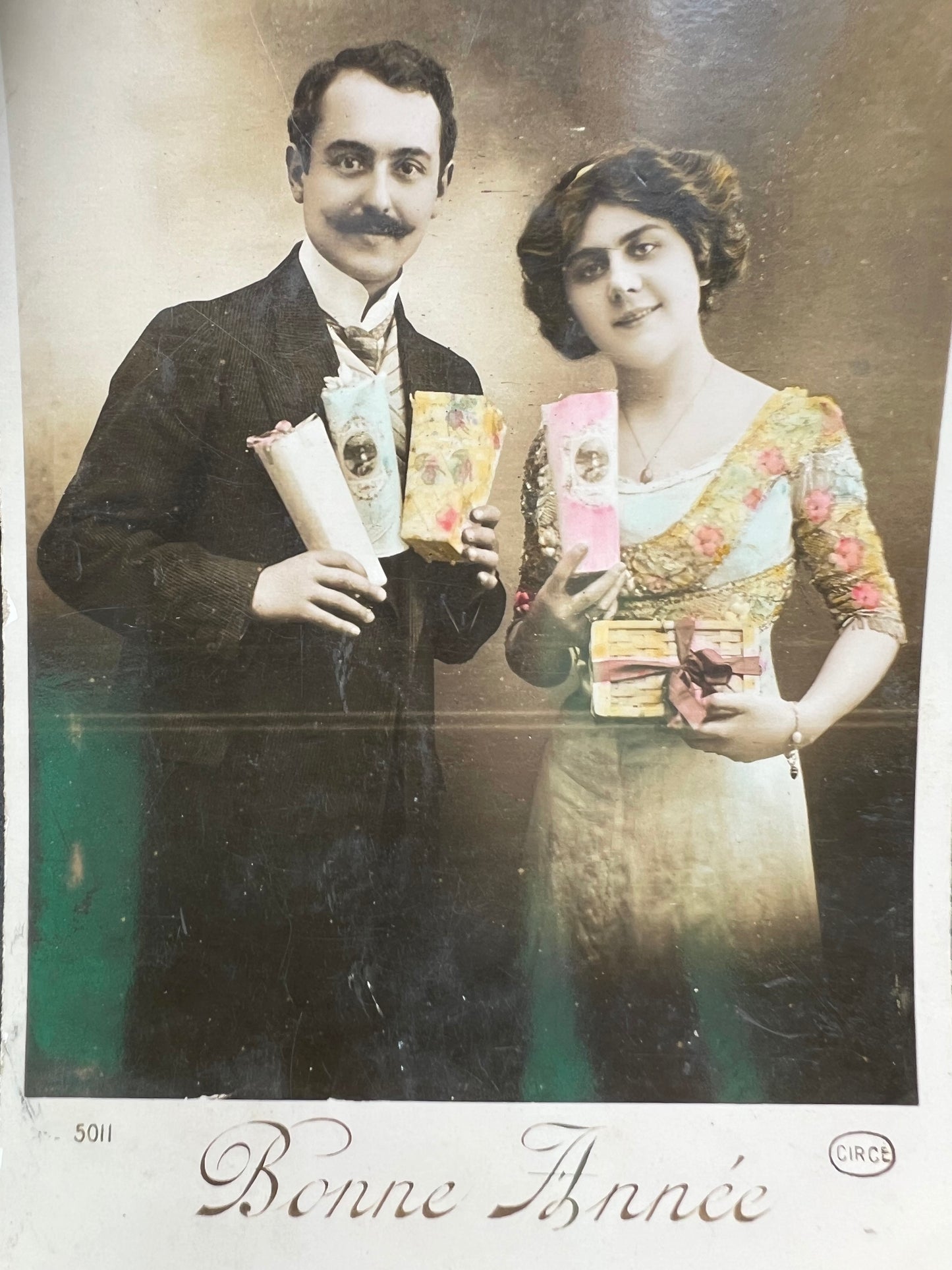 4 Edwardian French Postcards Laden with Christmas Presents..