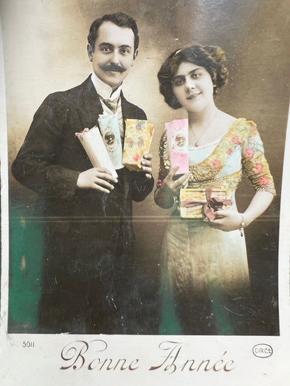 4 Edwardian French Postcards Laden with Christmas Presents..