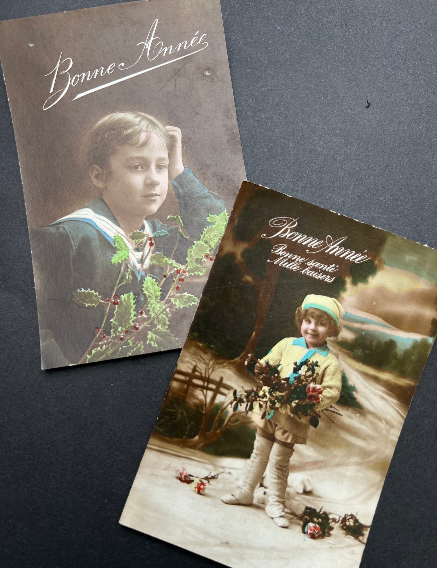 Pair of 1900s French Postcards of Little Boys Anticipating Christmas