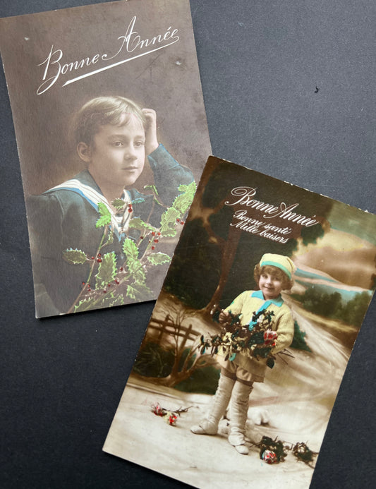 Pair of 1900s French Postcards of Little Boys Anticipating Christmas
