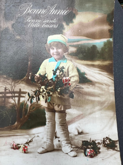 Pair of 1900s French Postcards of Little Boys Anticipating Christmas