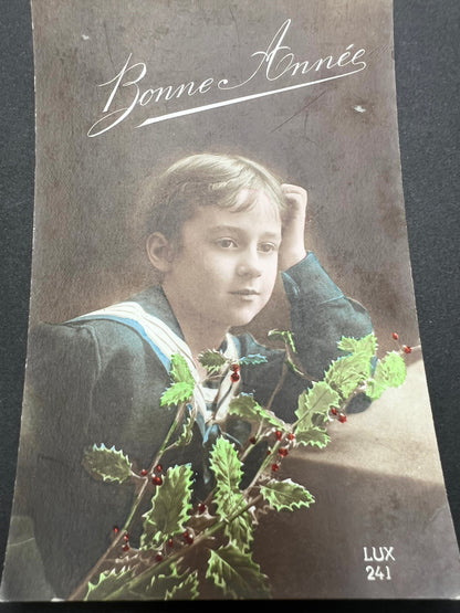 Pair of 1900s French Postcards of Little Boys Anticipating Christmas