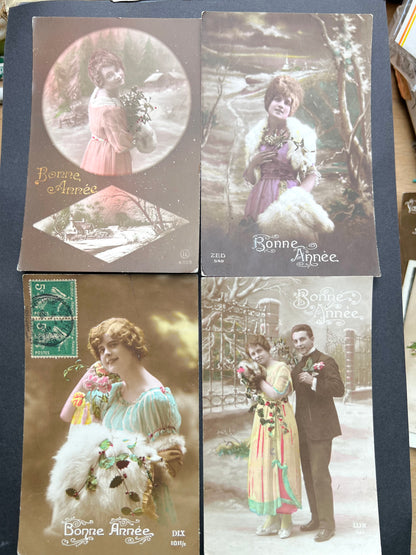 4 French Christmas Postcards sent in 1918 & 1920