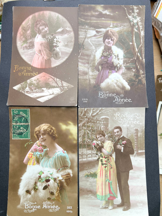 4 French Christmas Postcards sent in 1918 & 1920