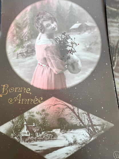 4 French Christmas Postcards sent in 1918 & 1920