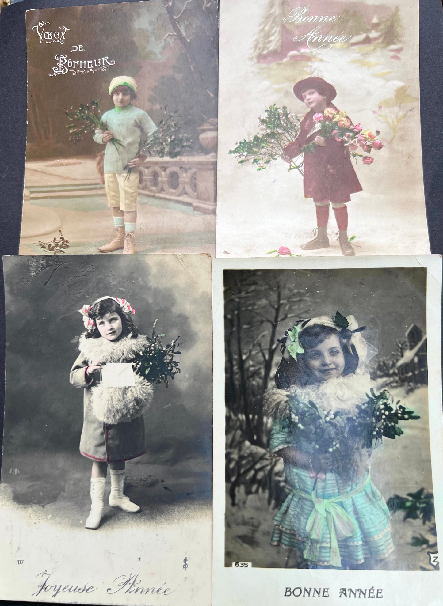 4 French Children in the Snow Christmas Postcards sent in 1916 & 1919