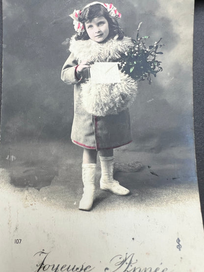 4 French Children in the Snow Christmas Postcards sent in 1916 & 1919