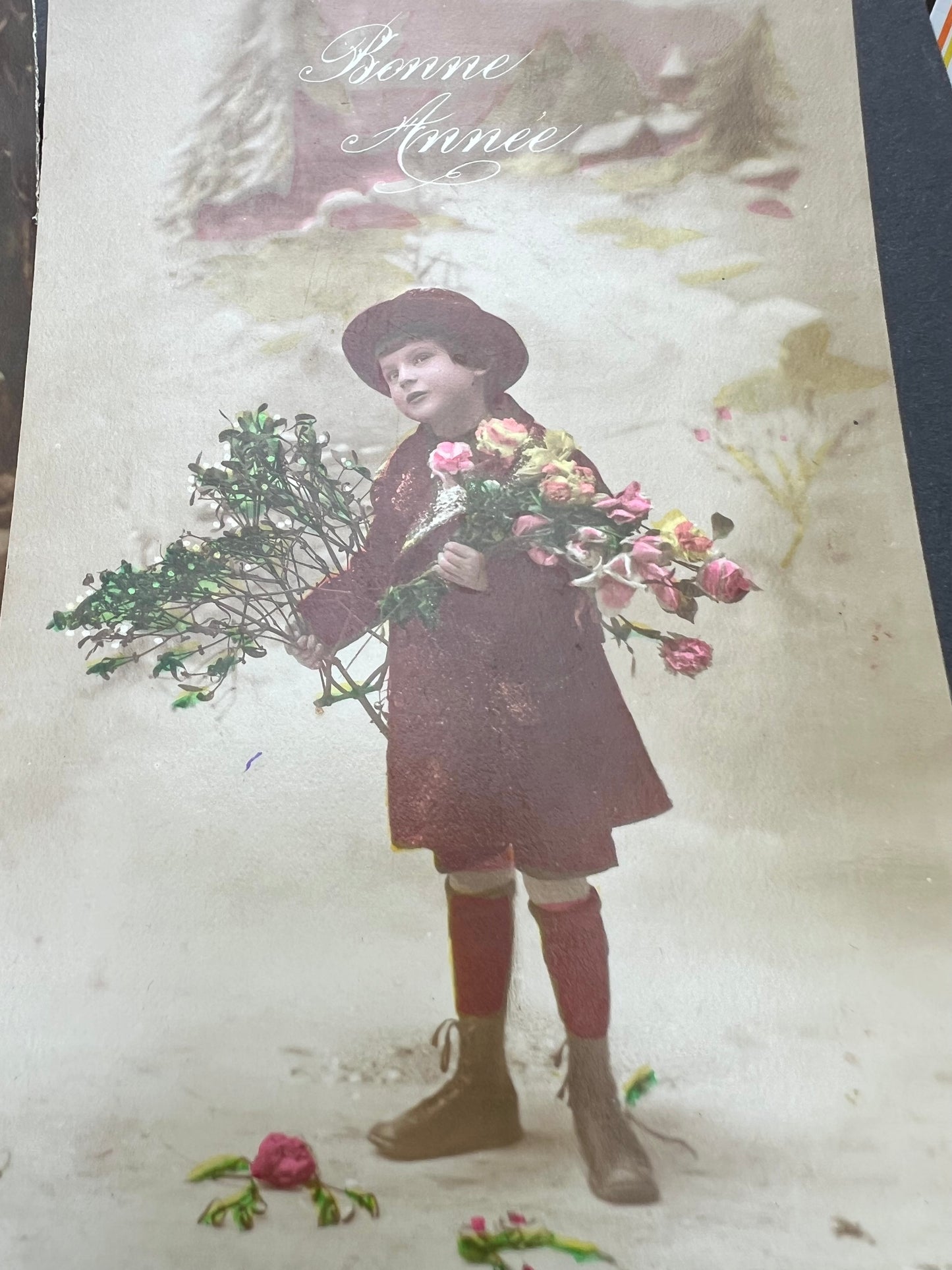 4 French Children in the Snow Christmas Postcards sent in 1916 & 1919