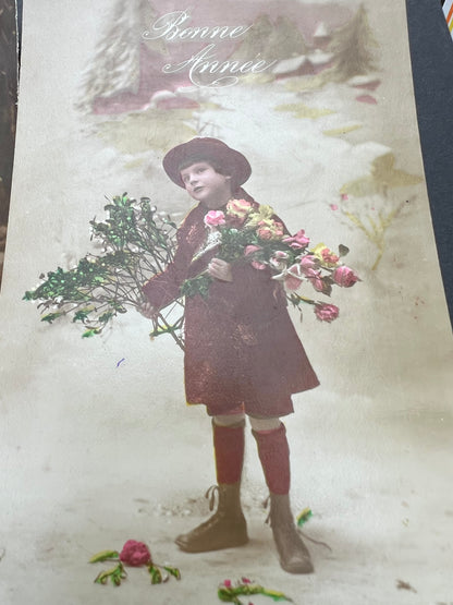 4 French Children in the Snow Christmas Postcards sent in 1916 & 1919