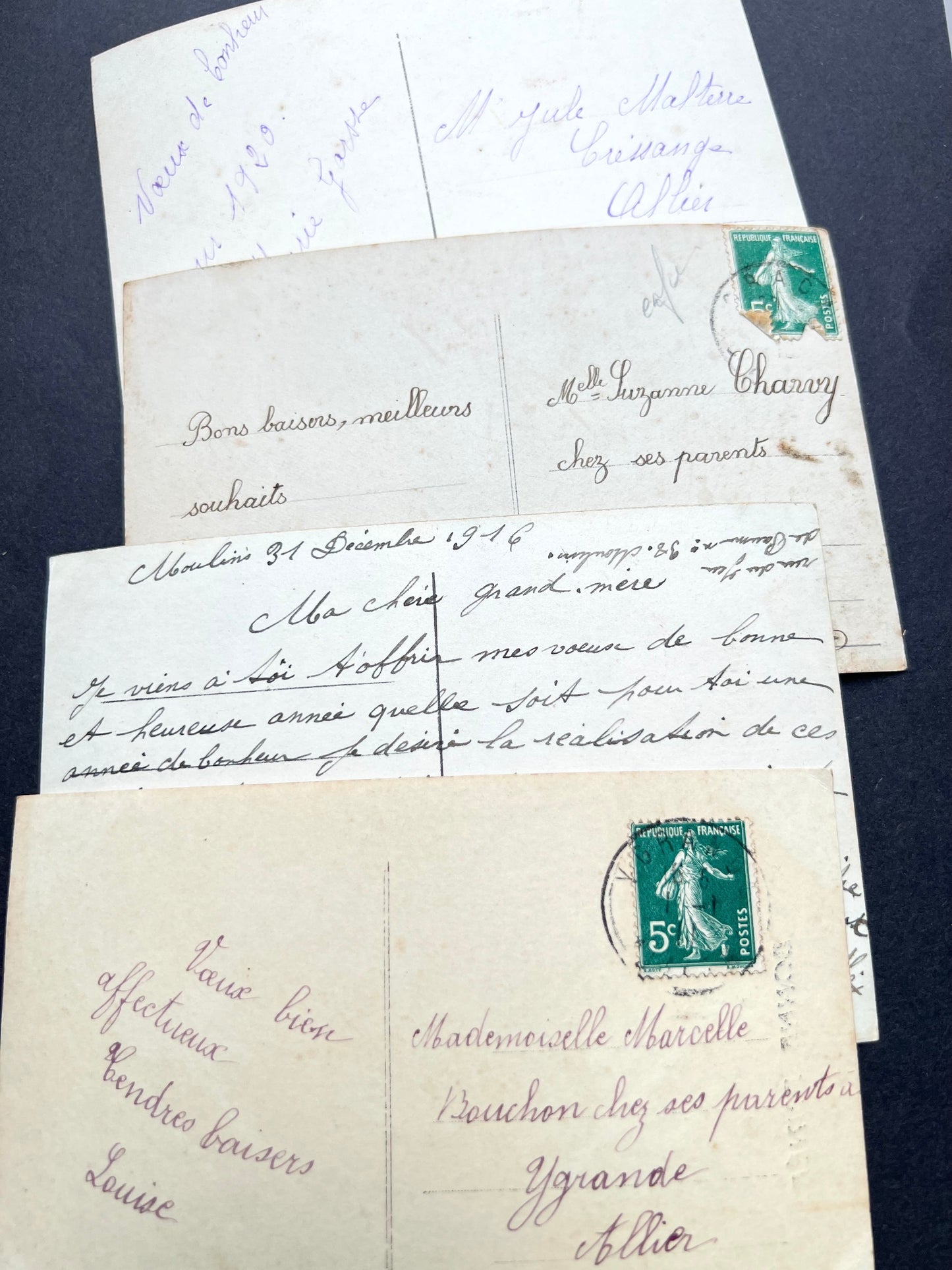 4 French Children in the Snow Christmas Postcards sent in 1916 & 1919