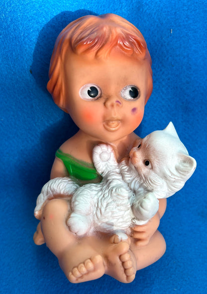 Vintage Italian Squeeze Toy - Child with Kitten- 17cm tall