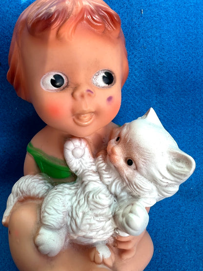 Vintage Italian Squeeze Toy - Child with Kitten- 17cm tall