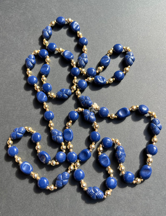 Long 48" Blue and Gold Vintage Knotted Lucite Beads